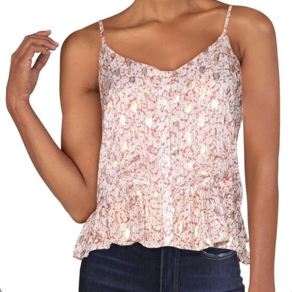NWT LINI Cordelia Red Gold Metallic Lightweight Button Up Ruffle Tank Top Large - Picture 1 of 9